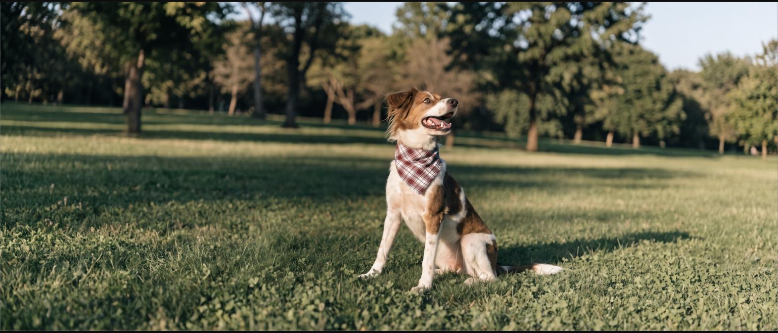 A dog sitting in a grassy park wearing a plaid triangular bandana